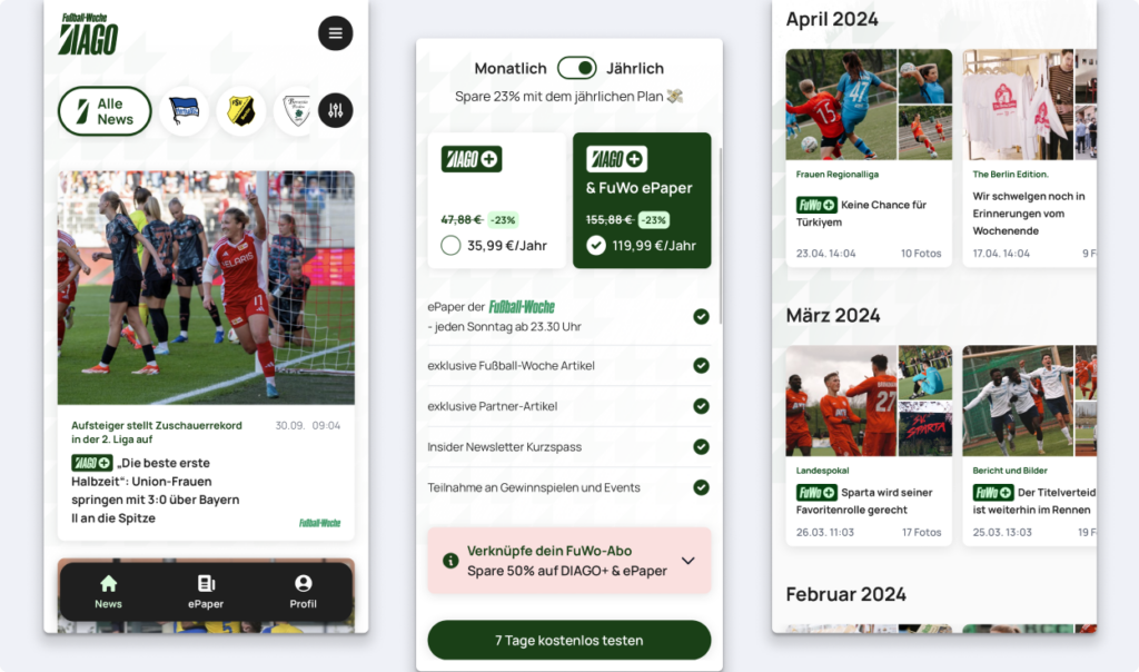 Screendesigns Fußball-App
